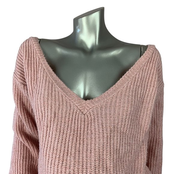 BOOHOO | Pink Knit Maternity V Neck Slouch Sweater - Picture 3 of 4